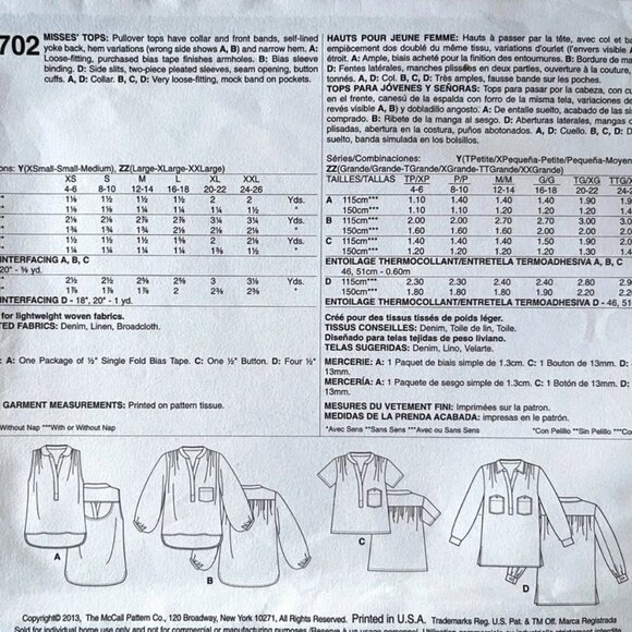 McCall's Pattern M6702 Pullover Tops Misses' Plus sz 16-26 (Lg-XXlg) - Picture 2 of 3